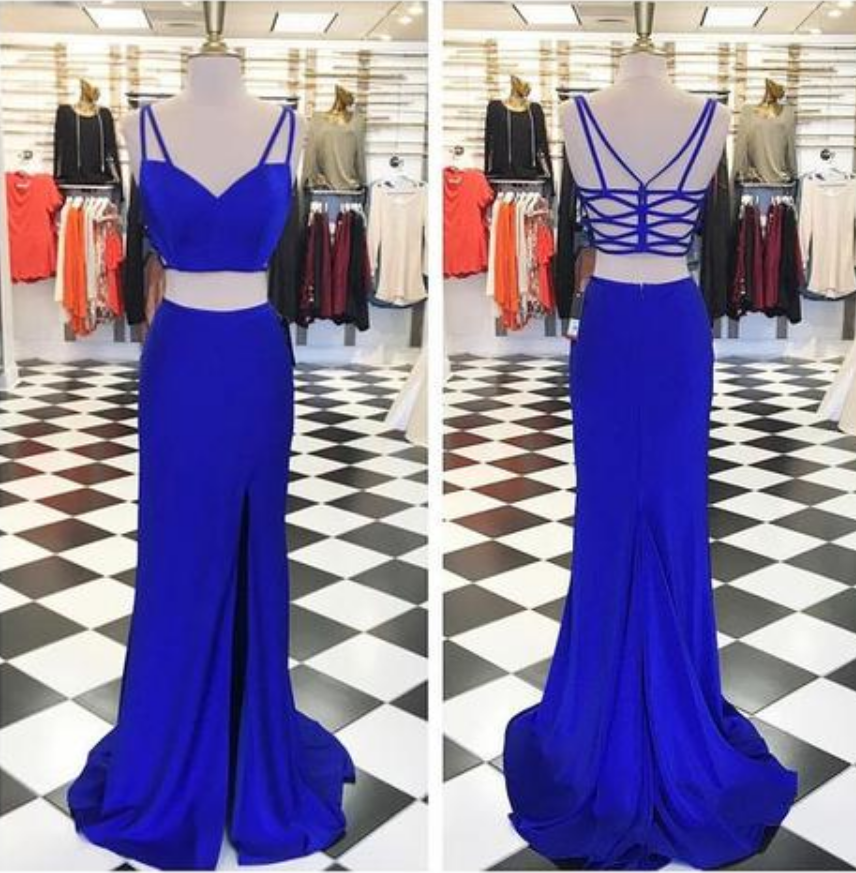 Two Pieces Royal Blue Prom Dresses, Sexy Side Slit Satin Prom Dresses, Long Prom Dresses, Prom Dresses, Prom Dresses