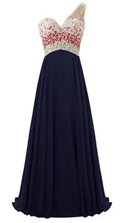 One-shoulder Sweetheart A-line Chiffon Long Prom Dress With Beaded Bodice, Prom Dresses, Popular Prom Dresses