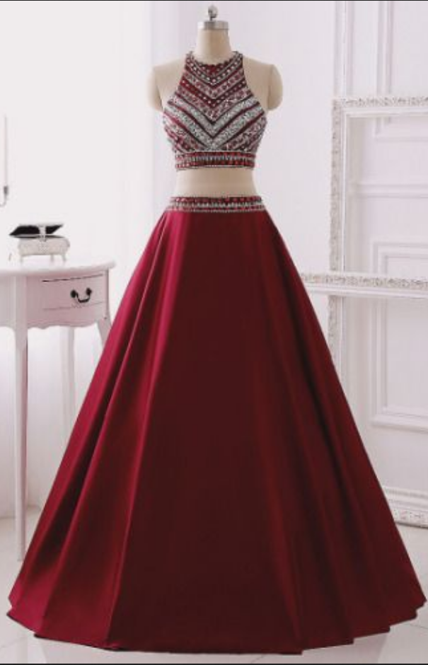 Long Two Pieces Prom Dress With Beaded Halter Neck Crop Top - Evening Dress , Prom Dresses, Satin Popular Prom Dresses