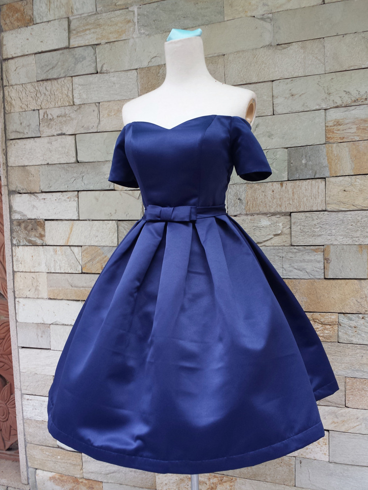 Royal Blue Off-the-shoulder Sweetheart Neckline Short Homecoming Dress With Bow Accent, Homecoming Dresses, Satin Homecoming Dresses