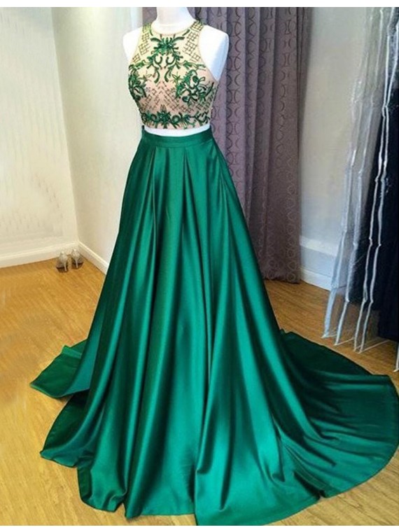 Green Jewel Sweep Train Prom Dress With Embroidery, Satin Prom Dresses ...