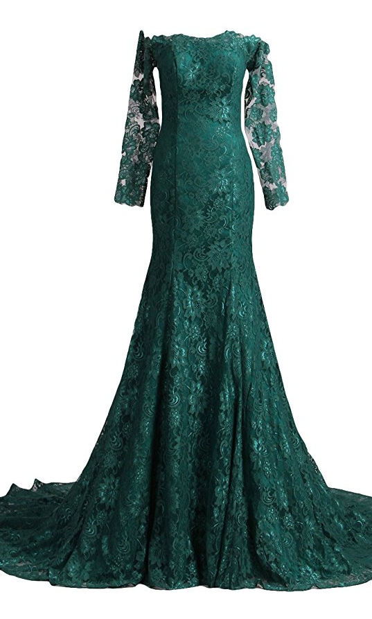Prom Dresses Long Sleeves Lace Sweep Train Evening Dresses