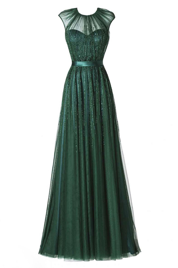 Charming Prom Dresses,tulle Prom Dress,glamorous Round Neck Floor-length Pleated Dark Green Prom Dress With Beading