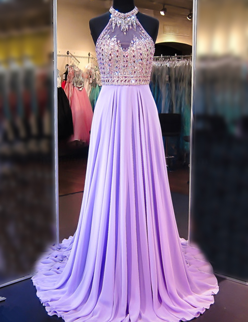 Charming Prom Dress,chiffon Prom Dress, A Line Cowl Neck Sleeveless Long Pleated Beaded Lilac Prom Dress Open Back Prom Dresses