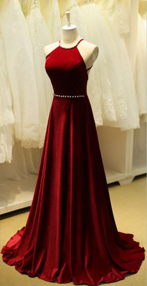 High Neckline Floor Length Red Wine Taffeta Fabric Dress With Open Back