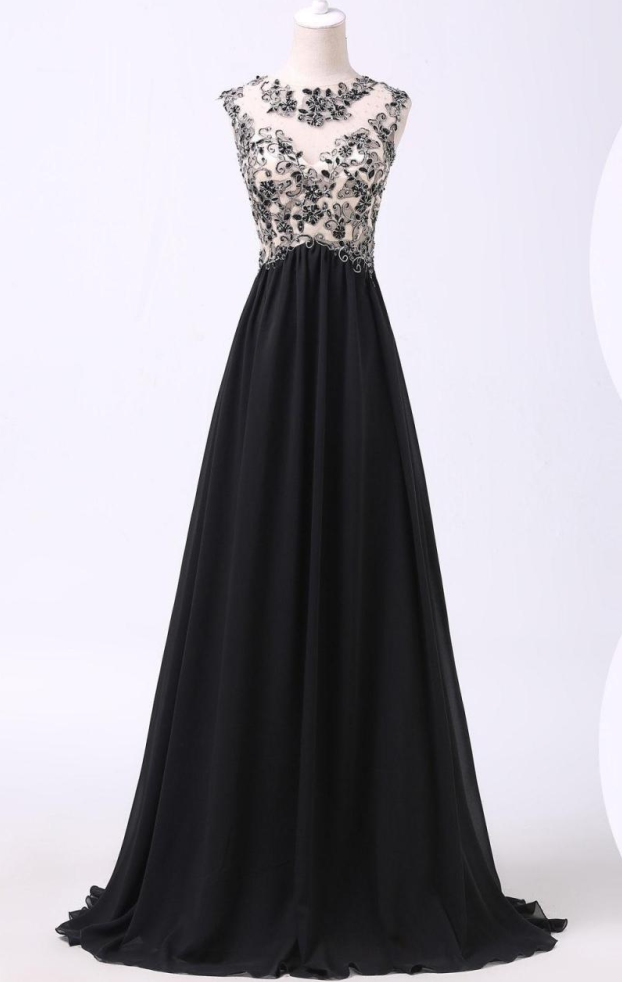 Black Lace Appliqué Chiffon A-line Long Prom Dress With Illusion Neckline