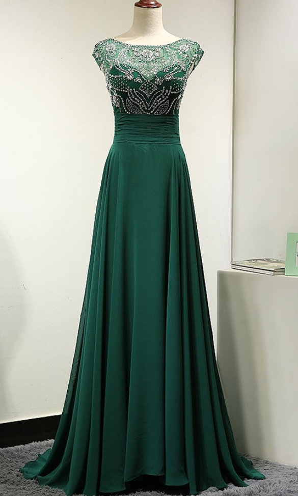 Floor Length Chiffon A-line Evening Dress Featuring Beaded Embellished Bodice With Cap Sleeves And Bateau Neckline