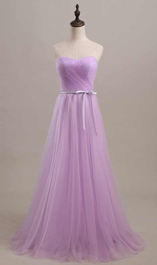 Floor Length Sweetheart Lilac Ruched Tulle Prom Gown With Bow Accent