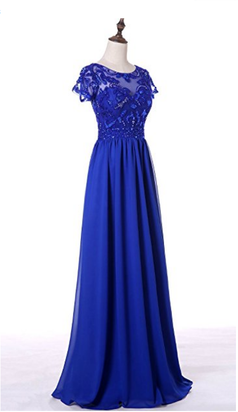 Chiffon and Lace Appliqued Long Dresses Royal Blue