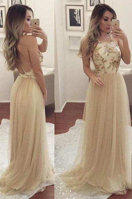 Simple Champagne Tulle Prom Dresses,long Prom Dresses,evening Dress,prom Gowns,backless Prom Dresses For Teens,prom Dresses