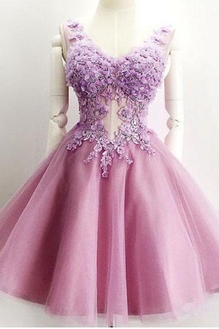 Lilac Homecoming Dresses,tulle Homecoming Dress With Appliques, V-neck Homecoming Dresses,short Hoco Dresses,short Homecoming Dress,mini Prom