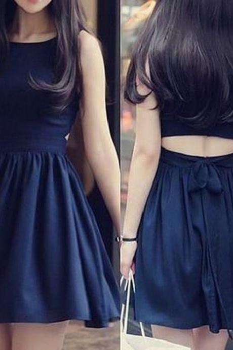 Homecoming Dress,Sleeveless Homecoming Dresses,Short Homecoming Dress,Navy Blue Homecoming Dress, Open Back Homecoming Dresses with Bowknot