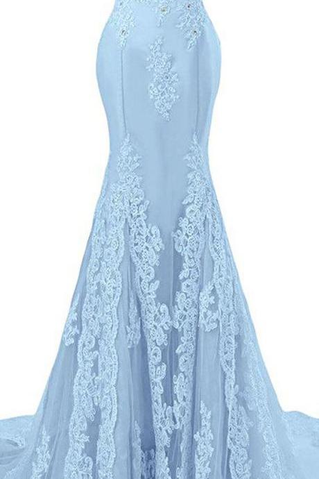 Light Blue Off-the-shoulder Lace Appliqués Mermaid Long Prom Dress, Evening Dress