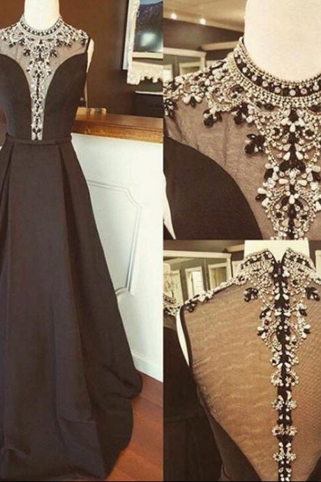 Satin Prom Dresses,high Neck Prom Dresses,beaded Prom Dress,long Boho Prom Dresses,sparkly Formal Dress For Prom 2017,black Evening Dresses,a