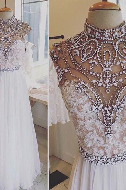 Luxurious A-line High Neck White Lace Long Prom Dress With Rhinestone