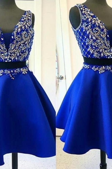 Two Pieces Unique Crystal Beaded Royal Blue Stain Short Homecoming Dresses For Girls Sexy V-neck A-line Prom Cocktail Dress