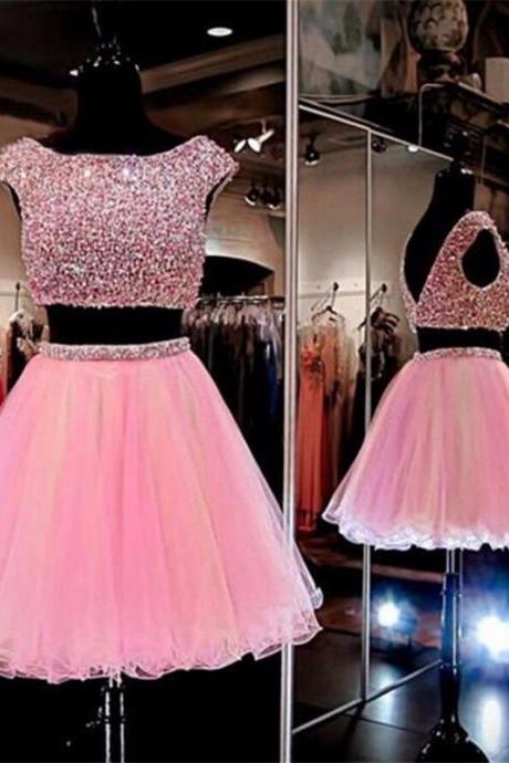 Two Pieces Pink Short Crystals Homecoming Dresses Scoop Short Sleeve Backless Tulle Rhinestone Sexy Cocktail Dresses For Prom