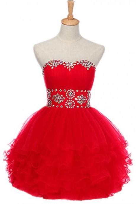 Rhinestone Embellished Red Sweetheart Short Tulle Homecoming Dress