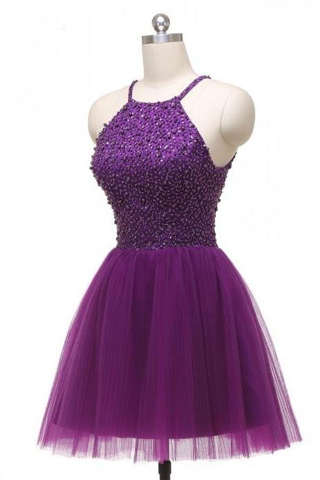 Purple Halter Beaded Tulle Short Prom Dress, Homecoming Dress, Party Dress Featuring Cutout Back