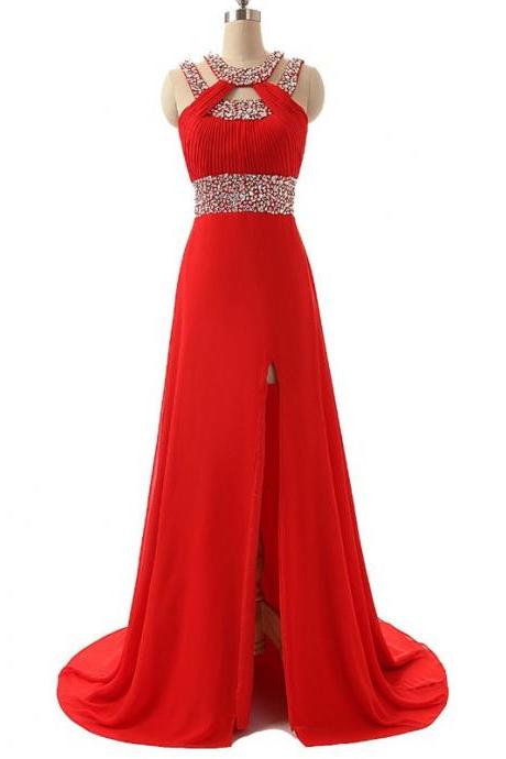 Prom Dresses Fast Vestido De Formatura Longo Real Photos Red Chiffon Evening Party Dress With Slit Side