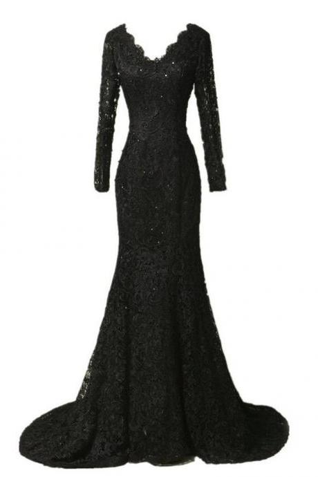 Elegant Long Sleeve Lace Prom Dresses Black Mermaid Evening Dresses Long Vestidos De Festa Curto