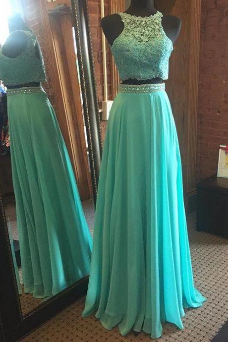 Mint Green Prom Dresses,two Piece Prom Dress, Keyhole Back Formal Gown, Lace Evening Dresses