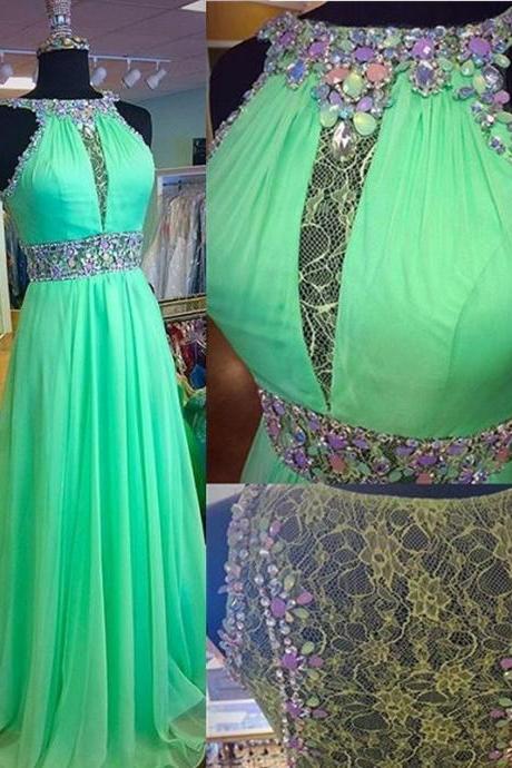 Lace Chiffon Green A-line Sleeveless Prom Dress,evening Dresses