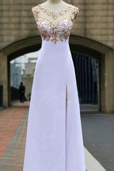 White Sheer Beaded Chiffon A-line Floor-length Prom Dress, Evening Dress Featuring Open Back And Side Slit