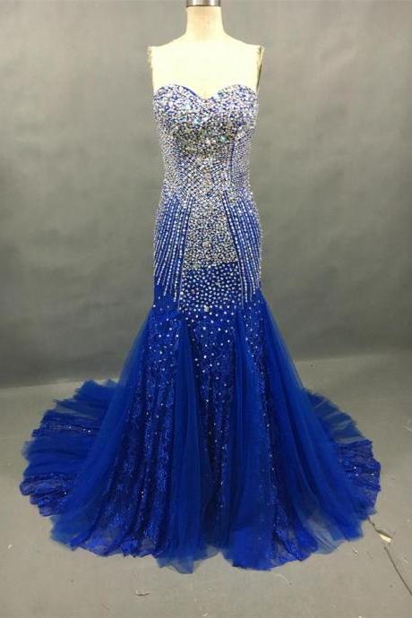 Royal Blue Beading Mermaid Prom Dresses Lace Up Sweetheart Prom Gowns Beaded Evening Party Dress Robe De Soiree