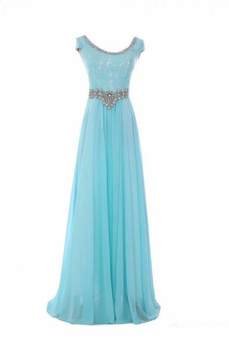 Longo Prom Dresses Crystal Lace Chiffon Party Gowns Cap Sleeve Evening Dress Vestido Formatura