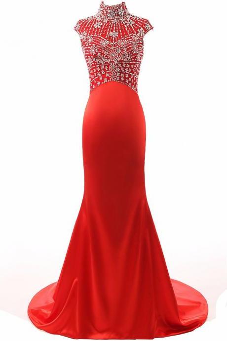 Sparkling Vestido Longo Prom Dresses High Neck Crystal Sequines Court Train Party Gowns Evening Dress