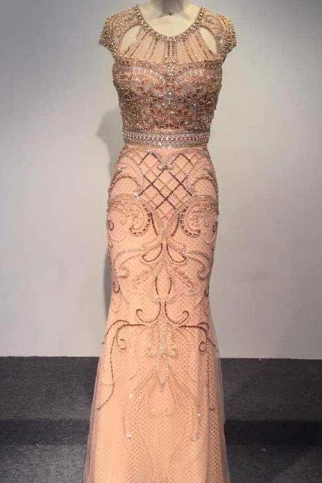 Halte Mermaid Prom Dress Luxurious Beaded Cap Sleeve Prom Gown