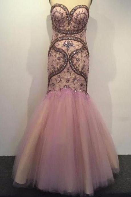 Style Real Photo Sweetheart Prom Dress Sexy Slim Beaded Crystal Pink Prom Gown