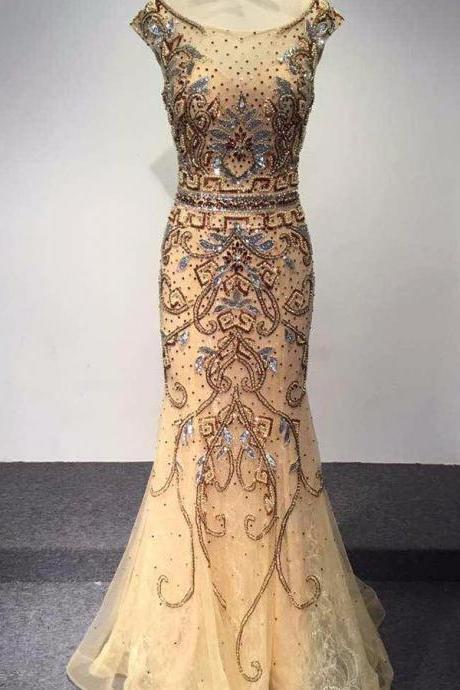 Fashion Dubai Arabic Luxury Mermaid Prom Dress Beaded Crystal O-neck Cap Sleeve Prom Dress Sweep Train Evening Gown