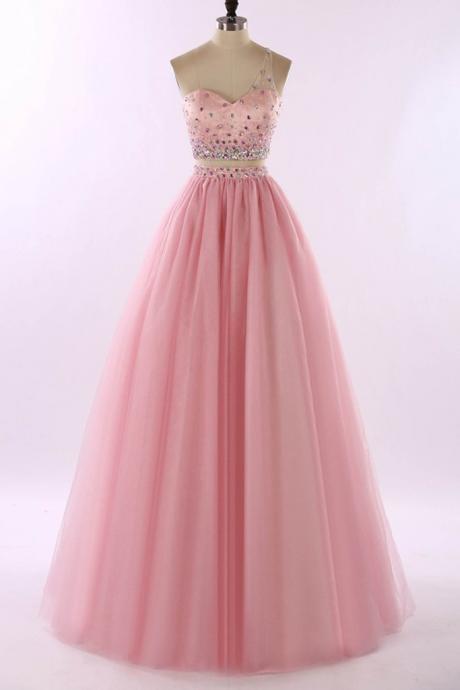 One Shoulder A-line Tulle Prom Dresses Crystals Floor Length Women Dresses
