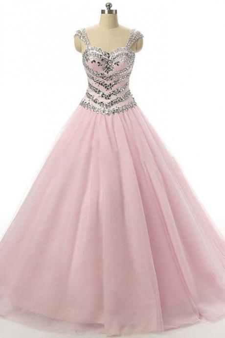 Pink A-line Tulle Prom Dresses Crystals Floor Length Women Dresses