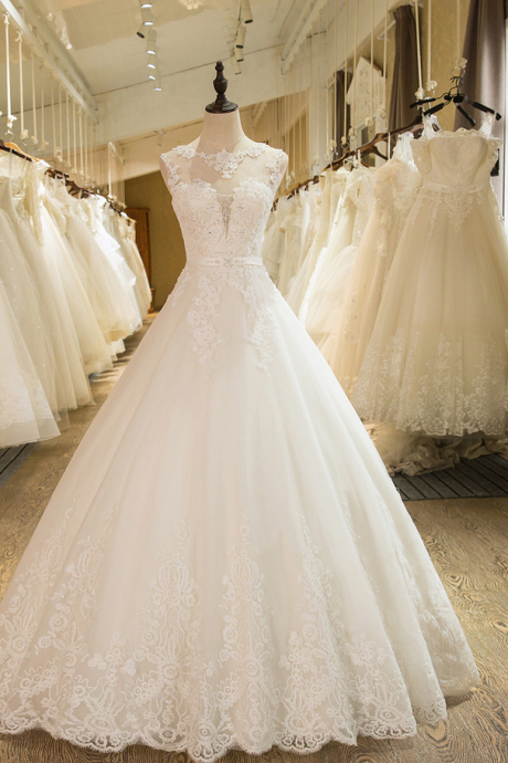New Arrival A-Line Sleeveless Tulle Lace Appliques Wedding Dress