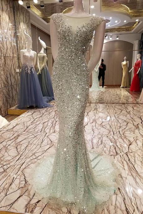 Luxurious Scoop Neck Floor-length Mint Green Prom Dress Beaded Crystals Tulle Formal Mermaid Evening Dresses