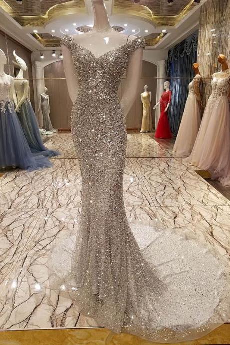 Arrival Luxury Scalloped Neck Floor-length Gray Prom Dress Beaded Crystals Sequin Tulle Formal Mermaid Evening Dresses