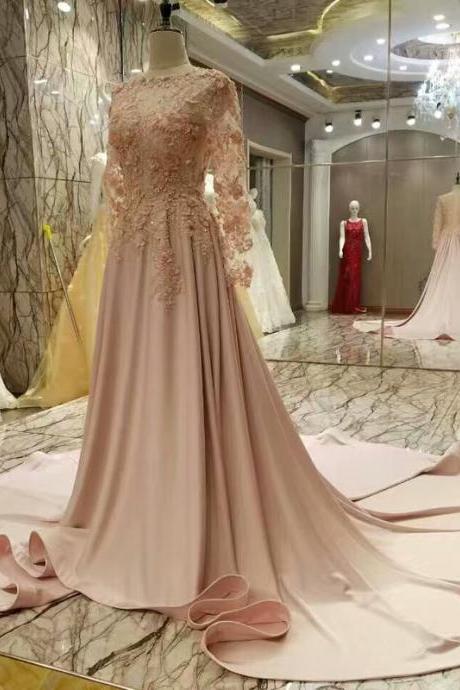 Real Picture O-neck Chapel Train Evening Dresses A Line Long Sleeve Appliques Lace Flowers Evening Gowns Prom