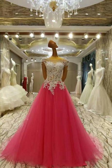 Rose Red Ball Gown Prom Dresses Romantic Long Sleeves Prom Gowns