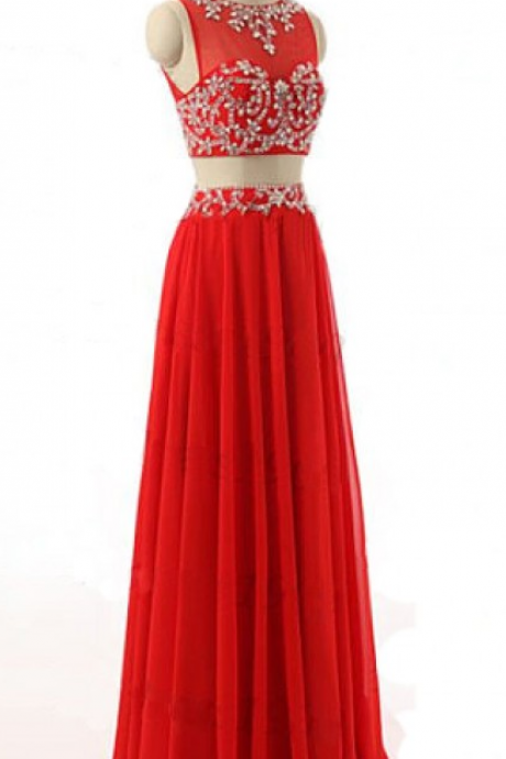 Two Parts Long Chiffon Prom Dresses Red Crystals Women Party Dresses