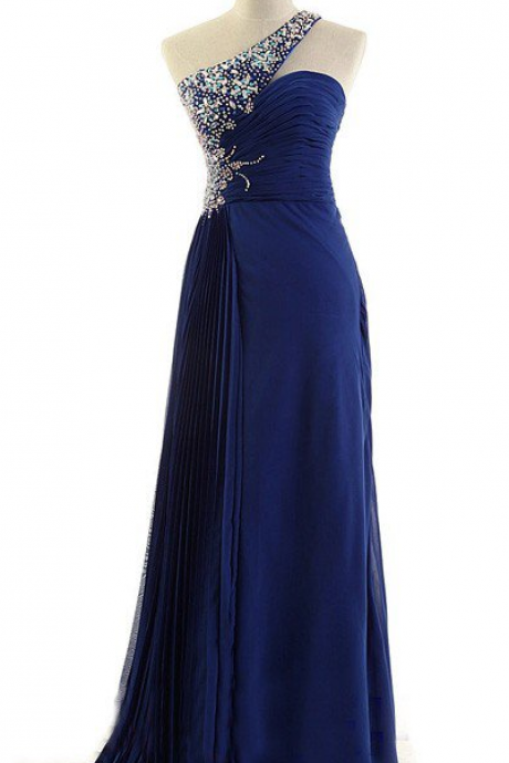 One Shoulder Dark Blue Chiffon Prom Dresses Crystals Women Party Dresses