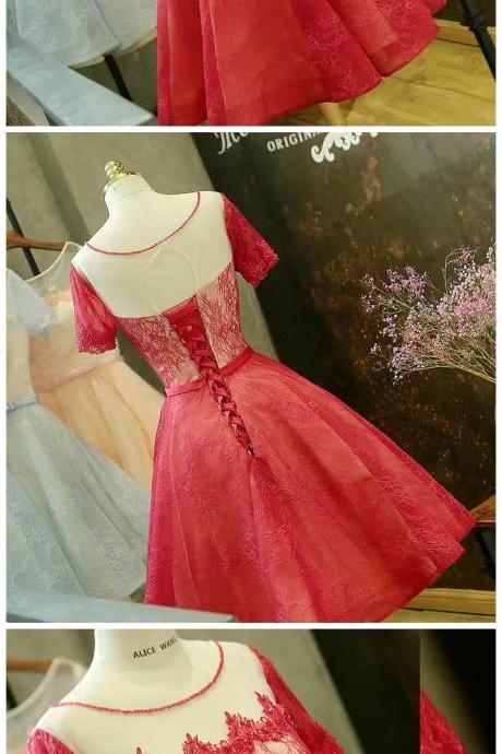 Red Short Homecoming Dresses Short Sleeve Mini Homecoming Gown Lace Up Back Dress