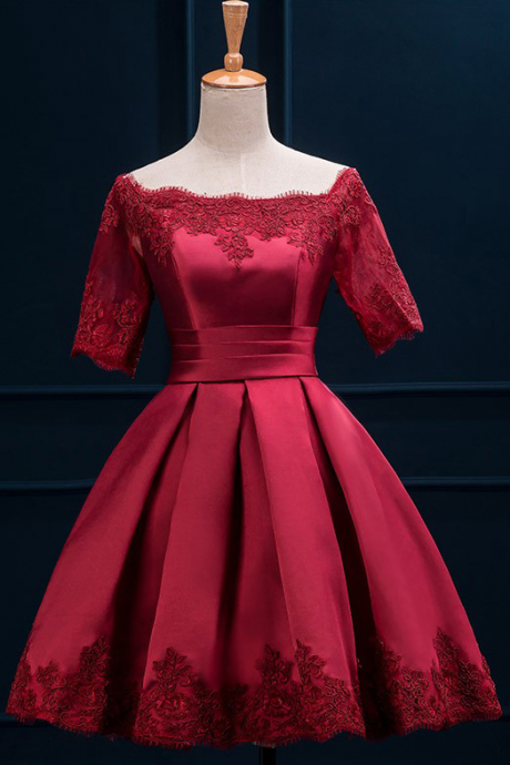 Off The Shoulder Red Satin Prom Dress With Half Sleeves, Short Lace-up Prom Dress With Lace Appliques, Princess Prom Dress With Pleats