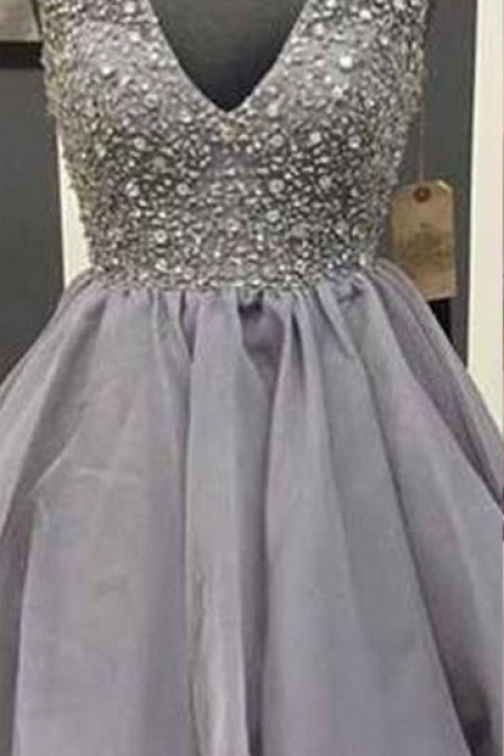 V-neck Organza Homecoming Dresses, Cheap Short Homecoming Dresses with Sparkly Beads, Gray Homecoming Dress with All over beaded Bodice