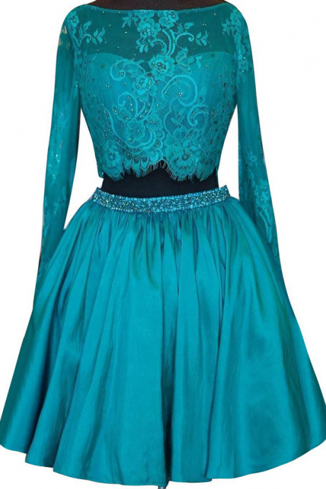 Homecoming Dresses With Long Sleeves, Taffeta Lace Homecoming Dress With Beaded Belt, V-back Two Piece Homecoming Dresses