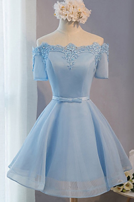 Elegant Ice Blue Homecoming Dresses, Princess Off-the-shoulder Homecoming Dress With A Feminine Bow, Satin Organza Homecoming Dresses