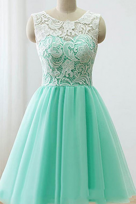 Sleeveless Green Prom Dress, Illusion Lace Prom Dresses With Buttons, Elegant Mint Short Homecoming Dress