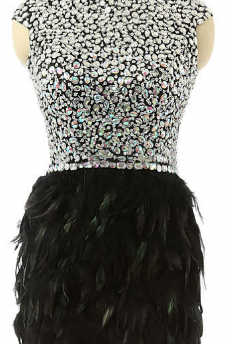 Short Cap Sleeve Homecoming Dresses, High Neck Black Tulle Prom Dresses With Feathers, Sexy Open Back Prom Dresses